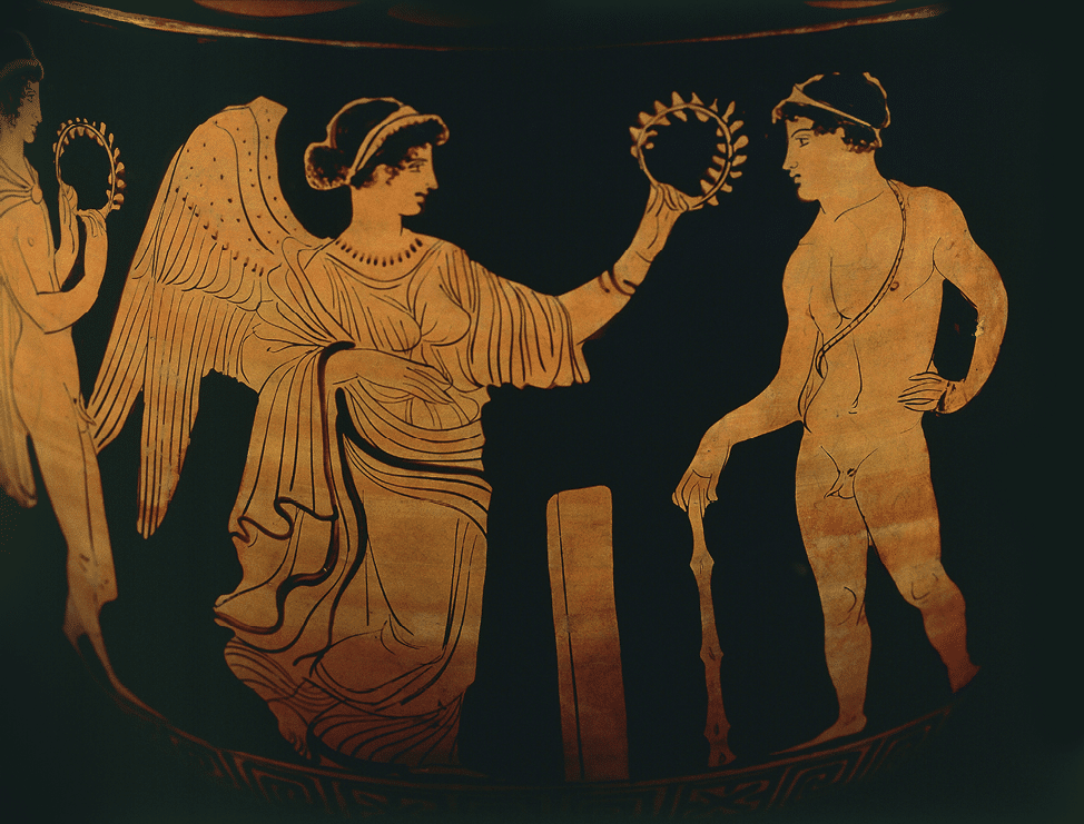 UNSPECIFIED - CIRCA 1900: Greek civilization, 5th century b.C. Red-figure pottery. Detail of a vase: victory crowns an athlete with an olive branch.  (Photo By DEA / G. DAGLI ORTI/De Agostini/Getty Images)
