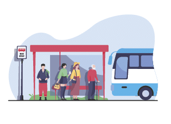 Passengers waiting for public transport at bus stop flat vector illustration. Cartoon characters using auto. Transportation and conveyance concept.