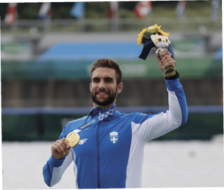 男子シングルスカルで優勝したギリシャのＮＴＯＵＳＫＯＳ　Ｓｔｅｆａｎｏｓ＝海の森水上競技場