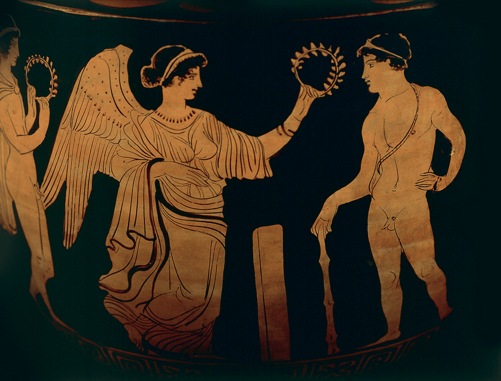 UNSPECIFIED - CIRCA 1900: Greek civilization, 5th century b.C. Red-figure pottery. Detail of a vase: victory crowns an athlete with an olive branch.  (Photo By DEA / G. DAGLI ORTI/De Agostini/Getty Images)
