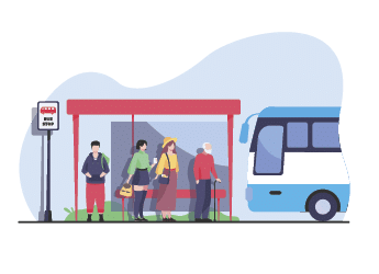Passengers waiting for public transport at bus stop flat vector illustration. Cartoon characters using auto. Transportation and conveyance concept.